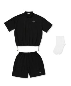 【3点セットアップ】刺繍オーバーサイズ鹿の子ポンチポロシャツ＆ナイロンショーツ＆ソックス　