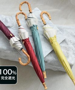 utatane 日傘 完全遮光 長傘 小さめ 軽量 晴雨兼用 親骨47cm スライドショート グログランリボン×北欧色シャンブレー バンブー 竹 一級遮光 遮熱 キットA●
