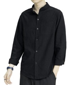 スタンドカラー ベーシックシャツ きれいめ カジュアル 長袖 メンズ( ブラック,  XL)