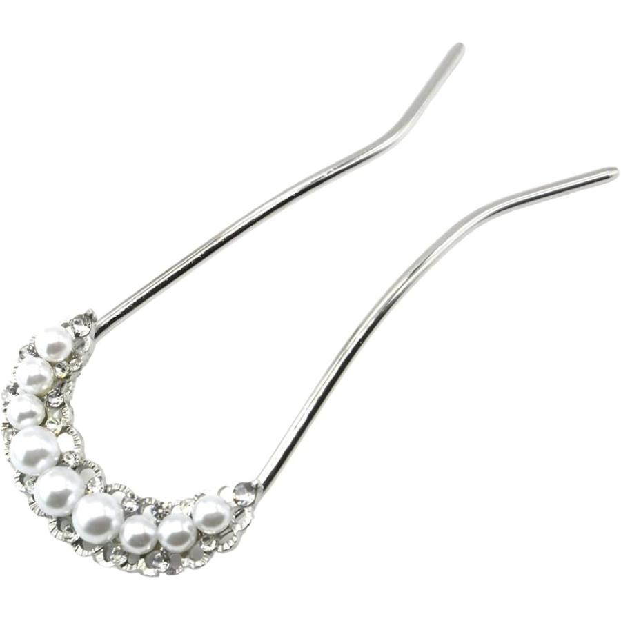 ミャオミャオ 簪 かんざし バチ型 髪飾り 和装 留袖 着物 金属 シンプル パール U字(シルバー, 小さめ)