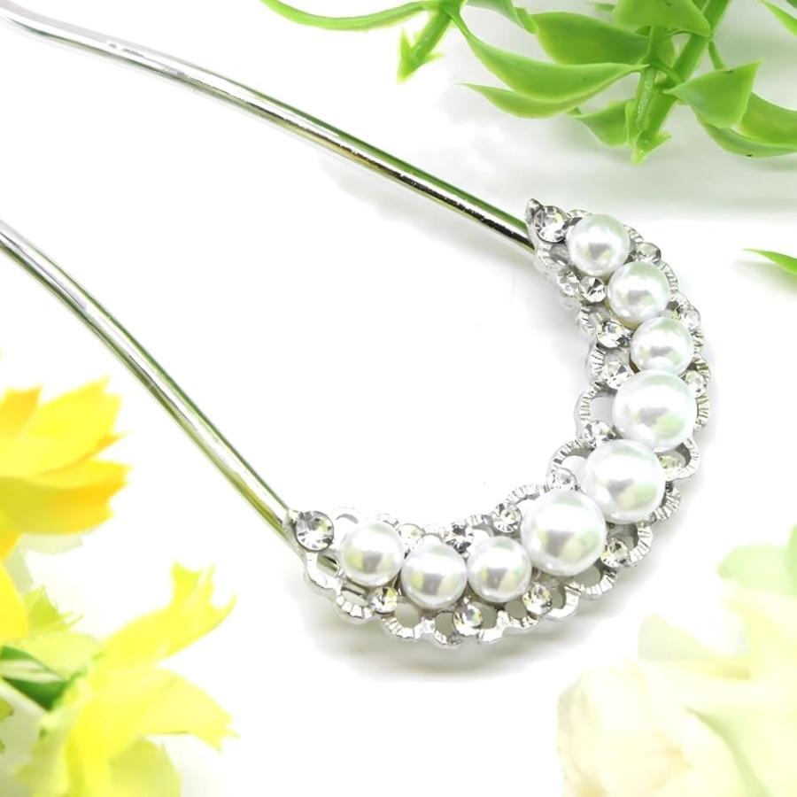 ミャオミャオ 簪 かんざし バチ型 髪飾り 和装 留袖 着物 金属 シンプル パール U字(シルバー, 小さめ) - 画像 (4)