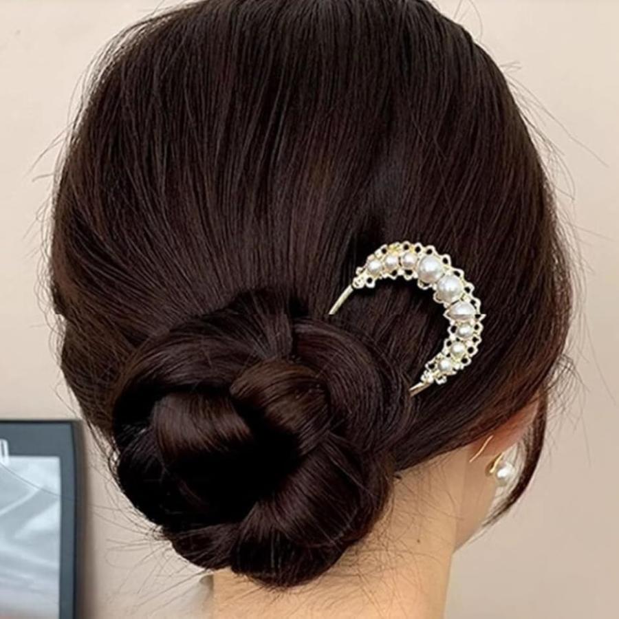 ミャオミャオ 簪 かんざし バチ型 髪飾り 和装 留袖 着物 金属 シンプル パール U字(シルバー, 小さめ) - 画像 (5)