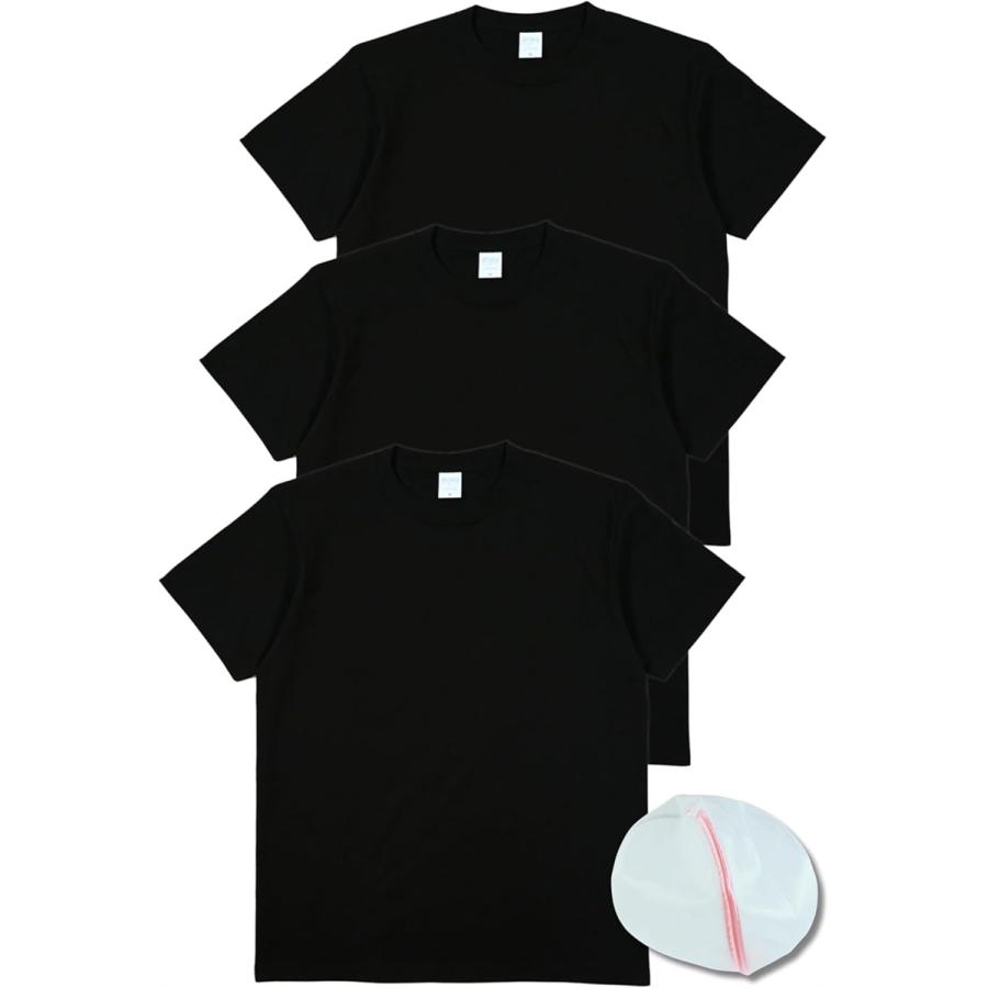 Tシャツ メンズ 厚手 綿100% 半袖 クルーネック 無地 白 黒 ヘビーウェイト 3枚組 洗濯ネット付き MDM( ブラック, XL)