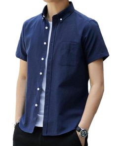 ボタンダウン シャツ メンズ 綿 スリムフィット 無地 カジュアル オックスフォード 4721(半袖/ネイビー,  M)