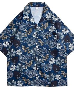 アスペルシオ ひまわり柄 オープンシャツ オシャレ さわやか 開襟シャツ 花柄 トロピカル 半袖 メンズ(フラワーネイビー,  XL)