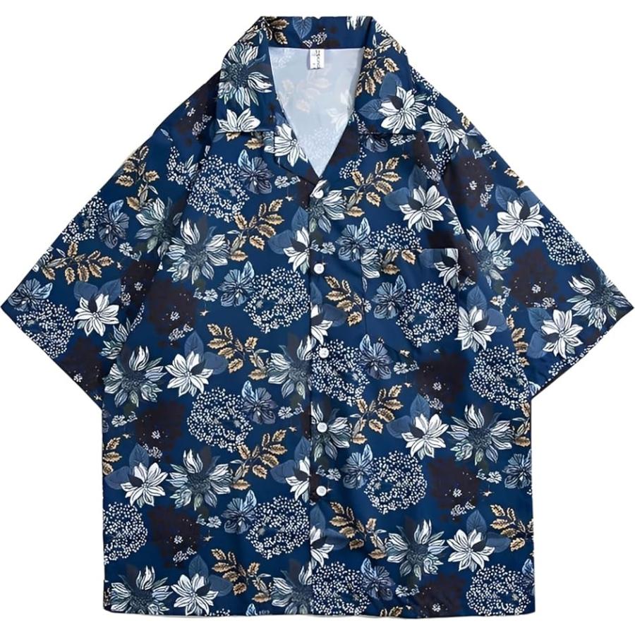 アスペルシオ ひまわり柄 オープンシャツ オシャレ さわやか 開襟シャツ 花柄 トロピカル 半袖 メンズ(フラワーネイビー, XL)
