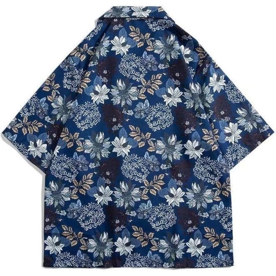 アスペルシオ ひまわり柄 オープンシャツ オシャレ さわやか 開襟シャツ 花柄 トロピカル 半袖 メンズ(フラワーネイビー, XL) - 画像 (2)