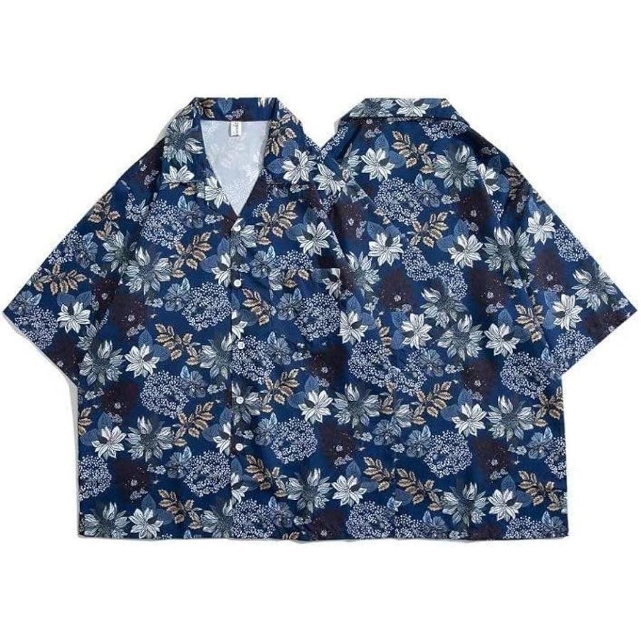 アスペルシオ ひまわり柄 オープンシャツ オシャレ さわやか 開襟シャツ 花柄 トロピカル 半袖 メンズ(フラワーネイビー, XL) - 画像 (3)