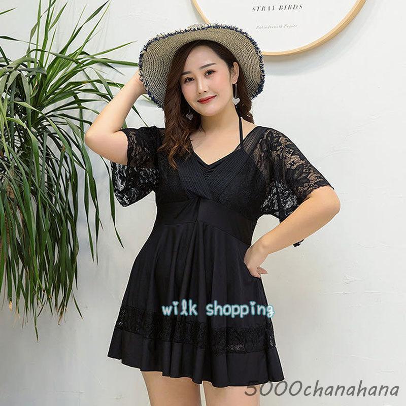 ぽっちゃり 水着 ワンピース 体型カバー 大きいサイズ レディース 半袖 露出控えめ オールインワン ママ フレア 無地 温泉水着 海水浴 - 画像 (2)