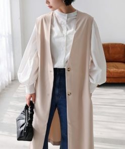 andme ベスト ジレ とろみ素材Vネックロングジレ レディース