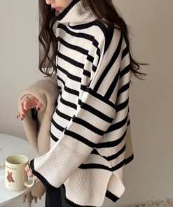 andme ニット セーター タートルネック長袖ボーダーニットトップス レディース