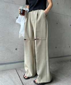 andme スラックス パンツ リネンライク膝スリットスラックスパンツ レディース