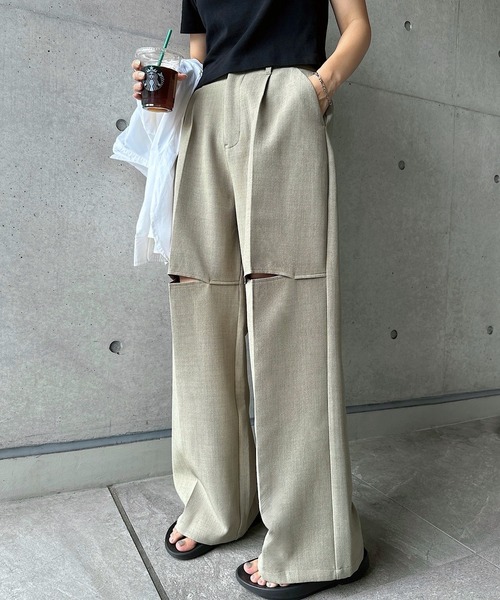 andme スラックス パンツ リネンライク膝スリットスラックスパンツ レディース