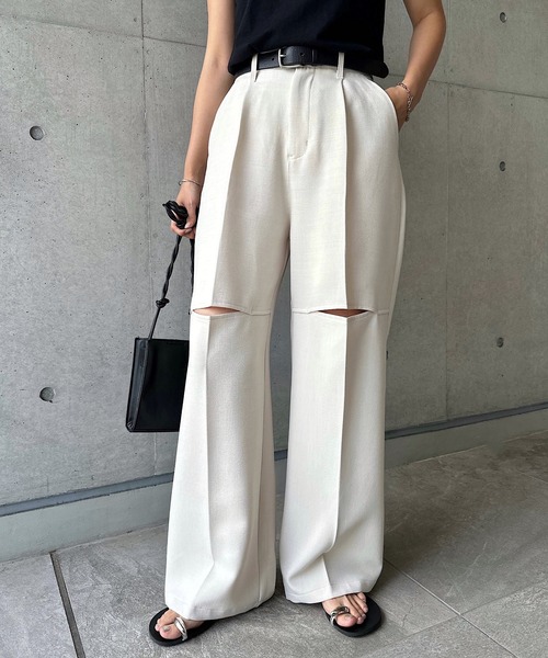 andme スラックス パンツ リネンライク膝スリットスラックスパンツ レディース - 画像 (2)