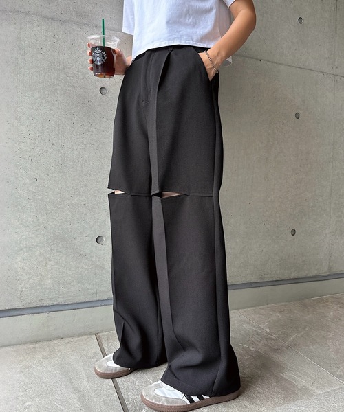 andme スラックス パンツ リネンライク膝スリットスラックスパンツ レディース - 画像 (3)