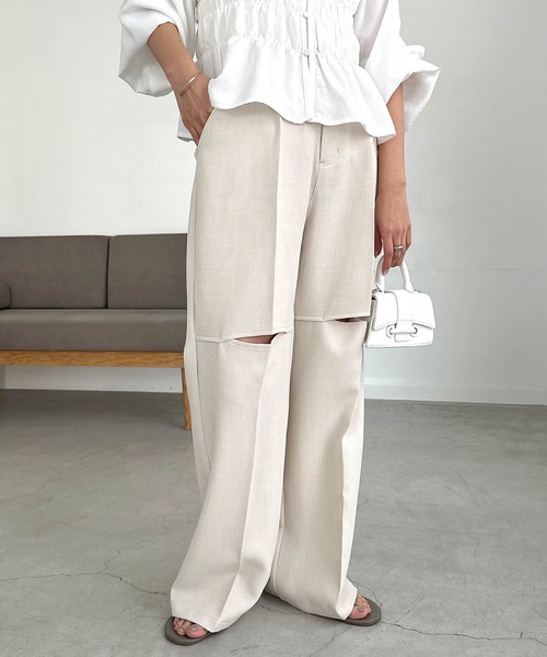 andme スラックス パンツ リネンライク膝スリットスラックスパンツ レディース - 画像 (7)