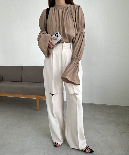 andme スラックス パンツ リネンライク膝スリットスラックスパンツ レディース - 画像 (8)