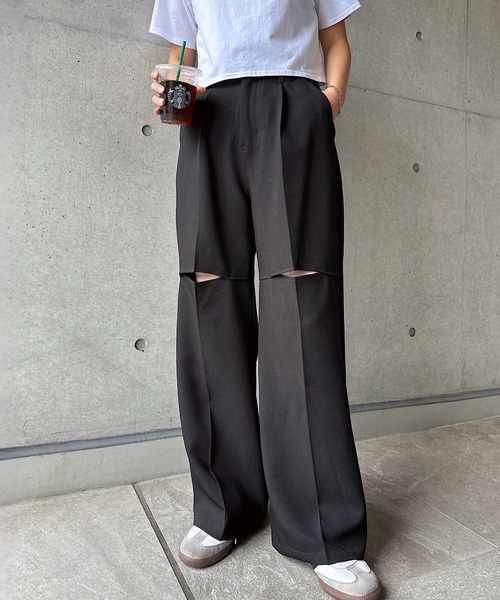 andme スラックス パンツ リネンライク膝スリットスラックスパンツ レディース - 画像 (9)