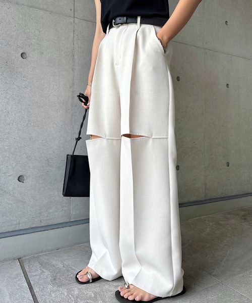 andme スラックス パンツ リネンライク膝スリットスラックスパンツ レディース - 画像 (5)
