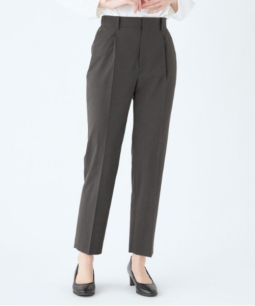 SUIT SELECT スラックス パンツ 「洗えるハイウエスト・ゆるテーパードパンツ」メランジ無地ストレッチ素材 レディース - 画像 (2)