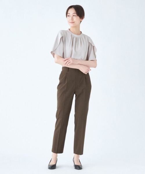 SUIT SELECT スラックス パンツ 「洗えるハイウエスト・ゆるテーパードパンツ」メランジ無地ストレッチ素材 レディース - 画像 (5)
