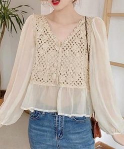 miniministore ブラウス シャツ Vネックブラウス レース切り替え 韓国 レディース