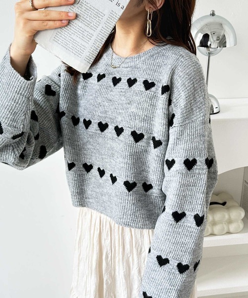 GeeRA ニット セーター ハート柄ショートニットプルオーバー レディース - 画像 (3)