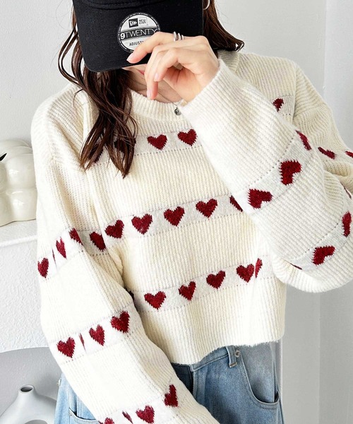 GeeRA ニット セーター ハート柄ショートニットプルオーバー レディース - 画像 (2)