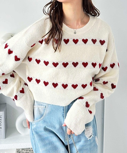GeeRA ニット セーター ハート柄ショートニットプルオーバー レディース - 画像 (5)