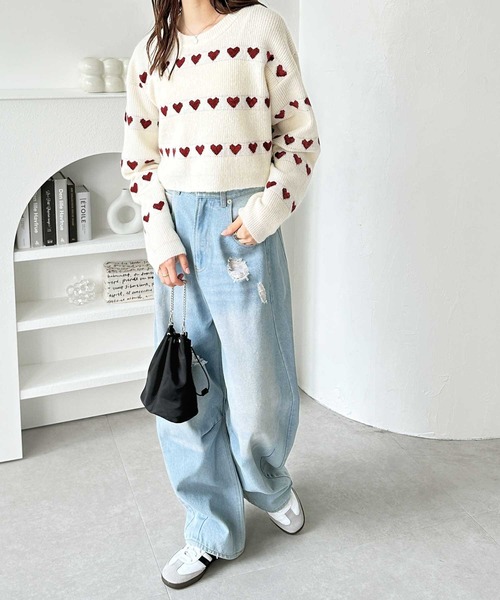 GeeRA ニット セーター ハート柄ショートニットプルオーバー レディース - 画像 (8)