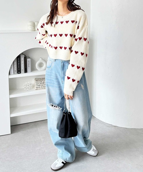GeeRA ニット セーター ハート柄ショートニットプルオーバー レディース - 画像 (7)