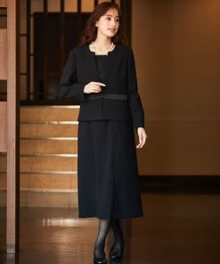 ニッセン セットアップ 「喪服・礼服」洗える防しわストレッチロング丈前開きワンピースアンサンブル（ノーカラージャケット＋レース使い前開きワンピース）「大きいサイ