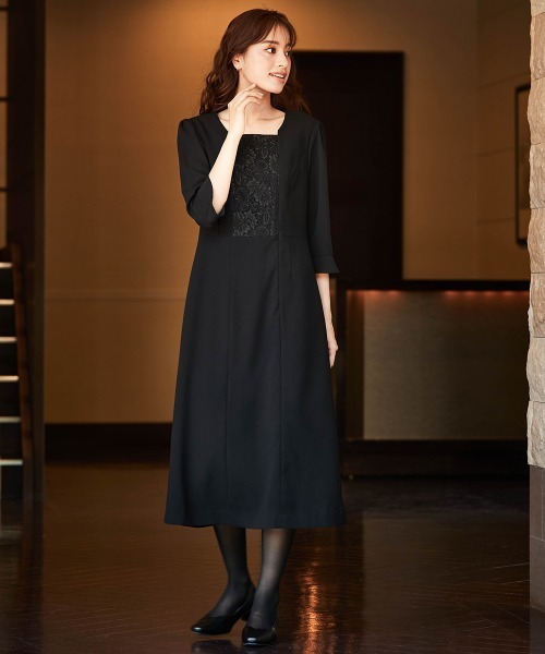 ニッセン セットアップ 「喪服・礼服」洗える防しわストレッチロング丈前開きワンピースアンサンブル(ノーカラージャケット+レース使い前開きワンピース)「大きいサイ - 画像 (4)