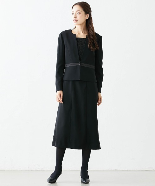 ニッセン セットアップ 「喪服・礼服」洗える防しわストレッチロング丈前開きワンピースアンサンブル(ノーカラージャケット+レース使い前開きワンピース)「大きいサイ - 画像 (5)