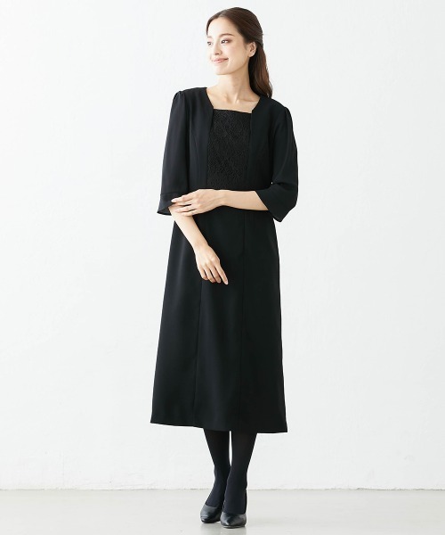 ニッセン セットアップ 「喪服・礼服」洗える防しわストレッチロング丈前開きワンピースアンサンブル(ノーカラージャケット+レース使い前開きワンピース)「大きいサイ - 画像 (8)