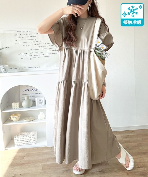 classicalelf ワンピース 接触冷感♪夏 大活躍!涼しげフリルで夏の装い。布帛ドッキング袖フリルティアードオーバーサイズワンピース(ロング丈) - 画像 (4)