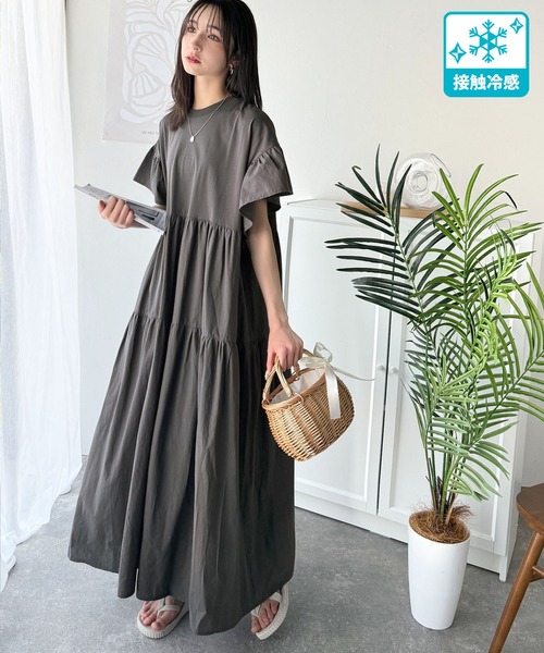 classicalelf ワンピース 接触冷感♪夏 大活躍!涼しげフリルで夏の装い。布帛ドッキング袖フリルティアードオーバーサイズワンピース(ロング丈) - 画像 (3)
