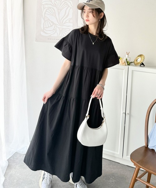 classicalelf ワンピース 接触冷感♪夏 大活躍!涼しげフリルで夏の装い。布帛ドッキング袖フリルティアードオーバーサイズワンピース(ロング丈) - 画像 (6)