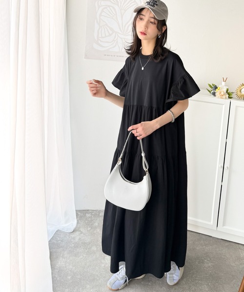 classicalelf ワンピース 接触冷感♪夏 大活躍!涼しげフリルで夏の装い。布帛ドッキング袖フリルティアードオーバーサイズワンピース(ロング丈) - 画像 (9)