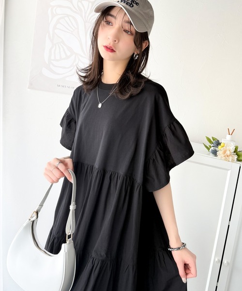 classicalelf ワンピース 接触冷感♪夏 大活躍!涼しげフリルで夏の装い。布帛ドッキング袖フリルティアードオーバーサイズワンピース(ロング丈) - 画像 (5)