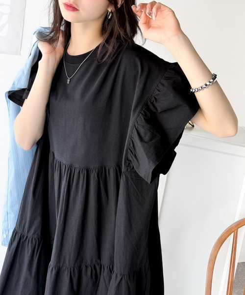 classicalelf ワンピース 接触冷感♪夏 大活躍!涼しげフリルで夏の装い。布帛ドッキング袖フリルティアードオーバーサイズワンピース(ロング丈) - 画像 (7)