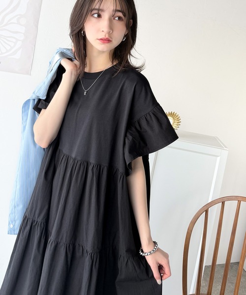 classicalelf ワンピース 接触冷感♪夏 大活躍!涼しげフリルで夏の装い。布帛ドッキング袖フリルティアードオーバーサイズワンピース(ロング丈) - 画像 (8)