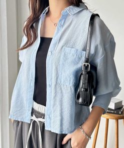 GeeRA ブラウス シャツ ボリュームスリーブショート丈シアーシャツ レディース