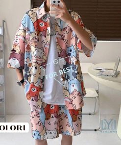 セットアップ メンズ ジャージ 上下セット 夏物 柄物 猫柄 半袖シャツ 前開き ハーフパンツ カジュアルセット 涼しい ハワイ風 メンズファション おしゃれ お兄