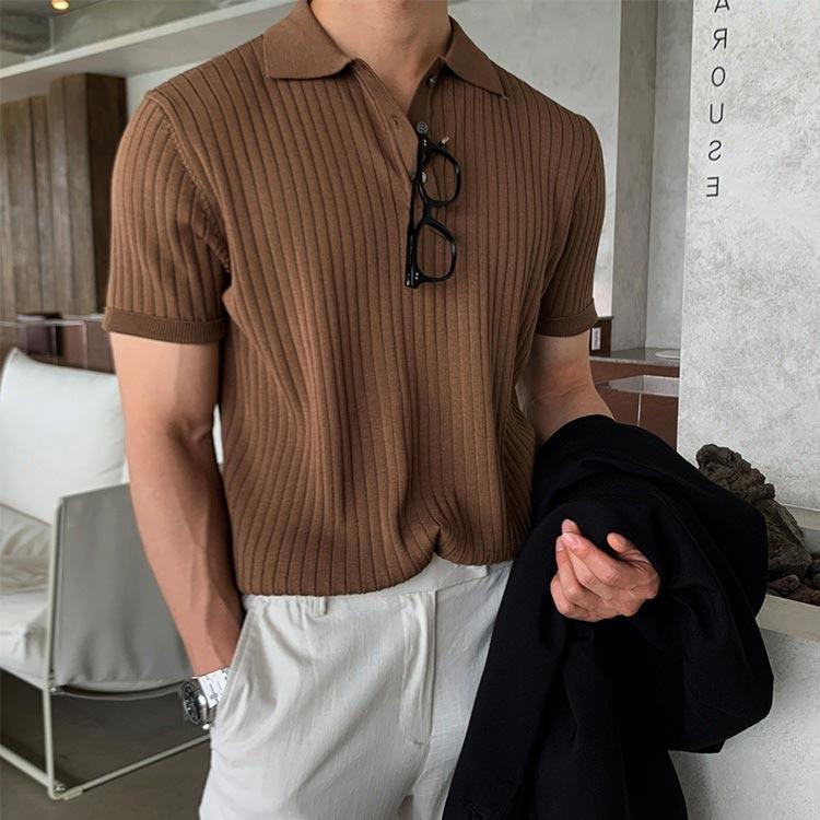 サマーニット ニットポロシャツ メンズ 半袖 リブニット トップス ゴルフ スポーツ ビジネス カジュアル 薄手 無地 全3色