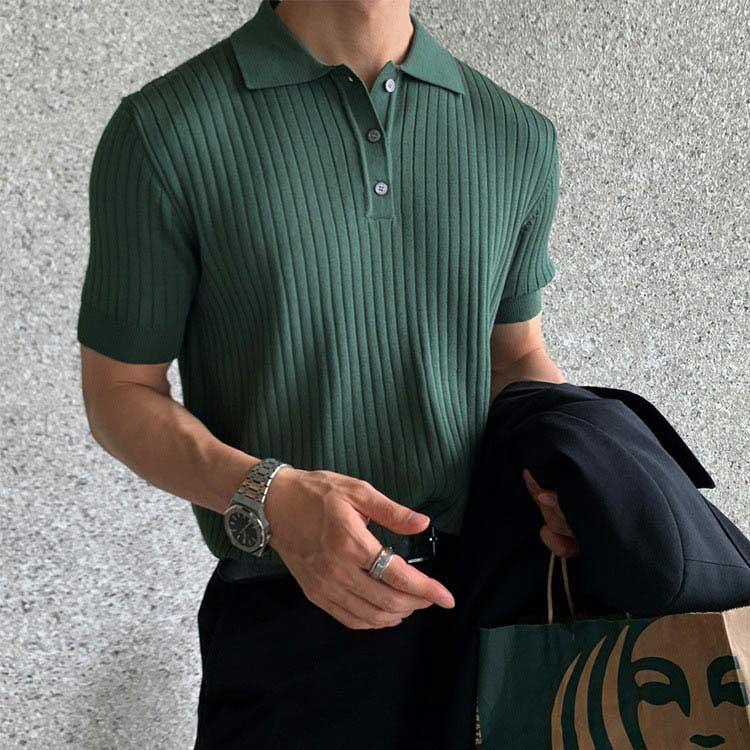 サマーニット ニットポロシャツ メンズ 半袖 リブニット トップス ゴルフ スポーツ ビジネス カジュアル 薄手 無地 全3色 - 画像 (2)