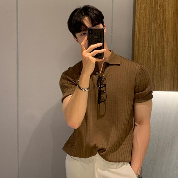 サマーニット ニットポロシャツ メンズ 半袖 リブニット トップス ゴルフ スポーツ ビジネス カジュアル 薄手 無地 全3色 - 画像 (3)