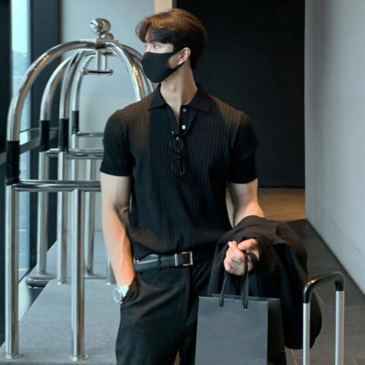 サマーニット ニットポロシャツ メンズ 半袖 リブニット トップス ゴルフ スポーツ ビジネス カジュアル 薄手 無地 全3色 - 画像 (4)