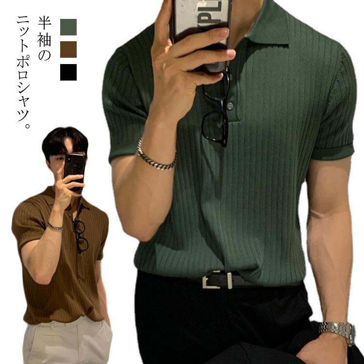 サマーニット ニットポロシャツ メンズ 半袖 リブニット トップス ゴルフ スポーツ ビジネス カジュアル 薄手 無地 全3色 - 画像 (5)