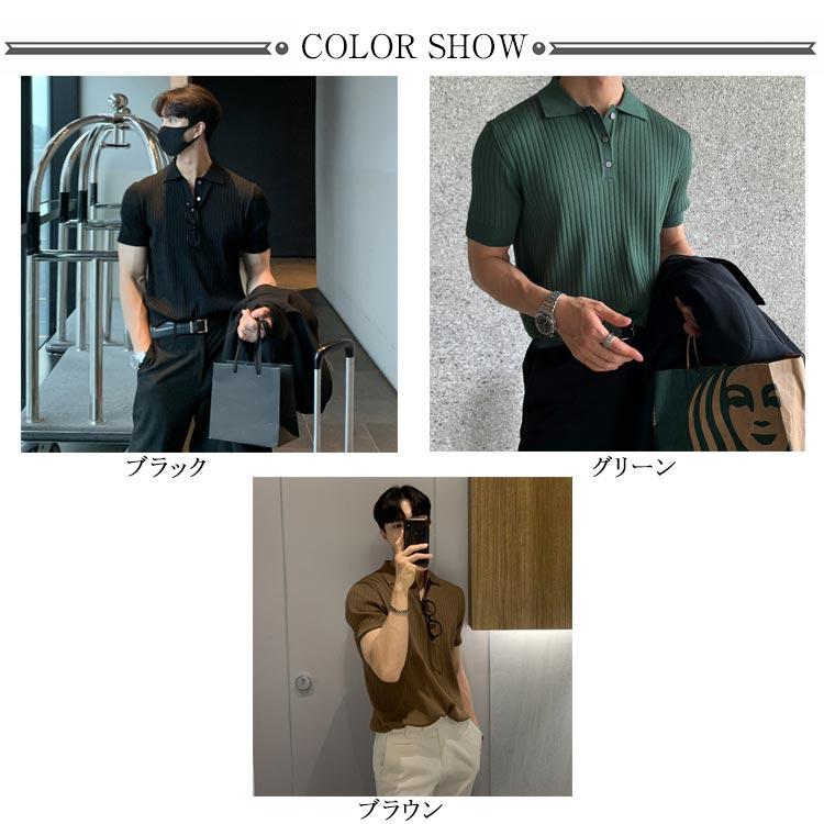 サマーニット ニットポロシャツ メンズ 半袖 リブニット トップス ゴルフ スポーツ ビジネス カジュアル 薄手 無地 全3色 - 画像 (6)